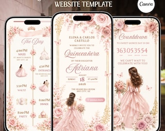 Quinceañoa Digitale Einladung Website mit Antwort-Countdown-Musik (Canva Template)