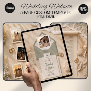 Coastal Wedding Website Template with HTML Email: Beach Wedding Digital Invitation RSVP, Music Digital Download Canva Template)