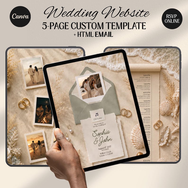 Coastal Wedding Website Template with HTML Email: Beach Wedding Digital Invitation RSVP, Music Digital Download Canva Template)