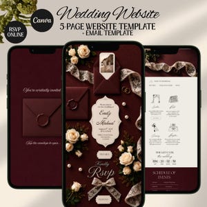 Site de convites de casamento digitais florais em tons de vinho e estilo clássico: Confirmação de presença online, contagem regressiva (modelo digital do Canva)