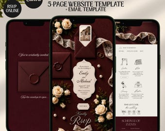 Burgundy Old Money Floral Digital Wedding Invitation Website: Online RSVP, Countdown  (Digital Canva Template)