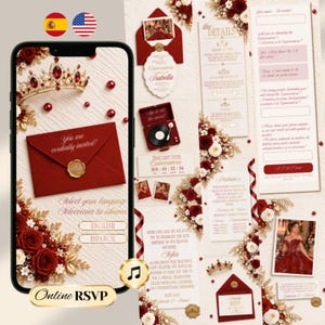 May include: A digital invitation suite for a quinceanera featuring a smartphone displaying a red envelope with a gold wax seal, a crown, and red roses. The set includes RSVP cards, details pages, and photo inserts with gold text on white and red backgrounds.