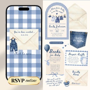 Blue Jean Baby Shower Digital Website Invitation, Trackable RSVP (Digital Canva Template)