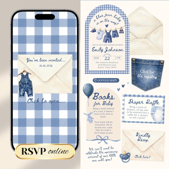 Blue Jean Baby Shower Digital Website Invitation, Trackable RSVP (Digital Canva Template)