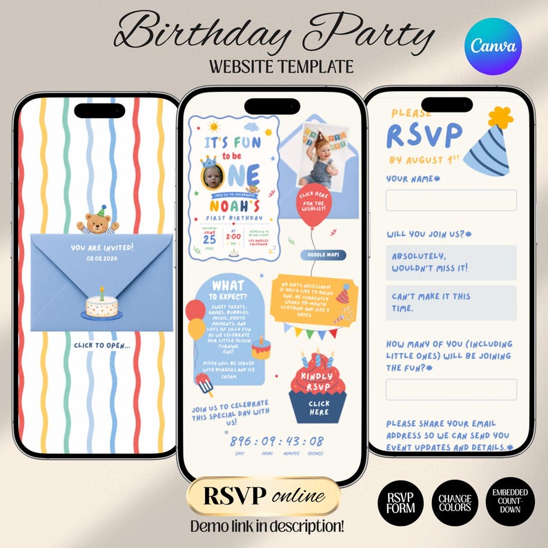 Fun to be One Boy 1st Birthday Web Invitation with RSVP and Countdown | Digital Download Canva Template