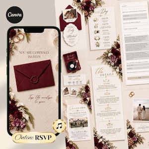 Pode incluir: Um convite de casamento digital num ecrã de smartphone com um envelope vermelho escuro e selo de cera, rodeado de flores, com o texto YOU ARE CORDIALLY INVITED e Tap the envelope to open.