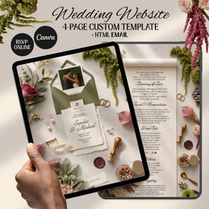May include: A digital tablet displaying a 4-page custom wedding website template and HTML email. The screen shows a wedding invitation with a photo, RSVP details, and ceremony information. The text reads Wedding Website 4-Page Custom Template.