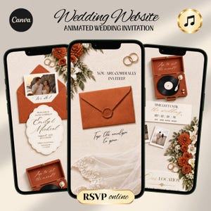 Burnt Orange Fall Terracotta Animated Digital Wedding Invitation Website Online RSVP, Music (Canva Template)