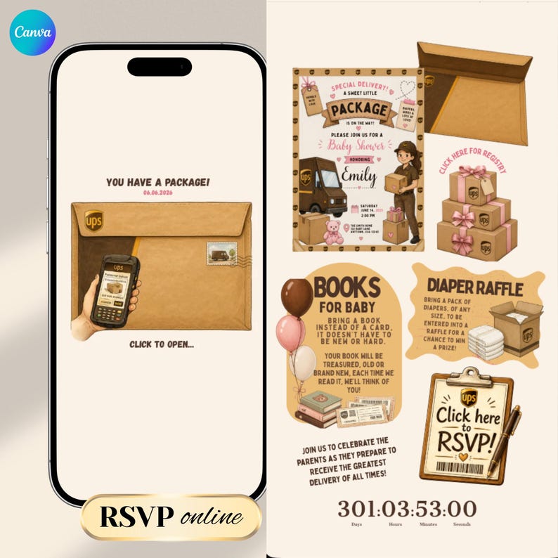Package Delivery Baby Shower Website Template with Online RSVP | UPS-Inspired | Canva Template