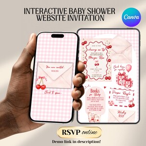 Cherry on Top Baby Shower Website Invitation with online RSVP Countdown Music (Digital Canva Template)