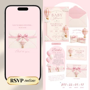 Może przedstawiać: Cyfrowy zestaw zaproszeń na baby shower w kolorze różowym i kremowym z ilustracjami balonów na ogrzane powietrze. Zestaw zawiera interfejs mobilny RSVP, formalne zaproszenie, kartę loterii pieluszkowej oraz kartę z prośbą o książki.