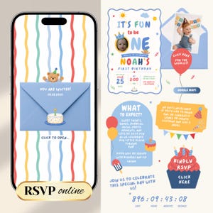 Leuke uitnodiging voor de eerste verjaardag van een jongen met RSVP en aftelfunctie | Digitale Canva-sjabloon