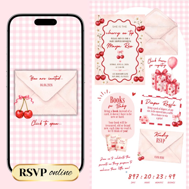 Cherry on Top Baby Shower Website Invitation with online RSVP Countdown Music (Digital Canva Template)