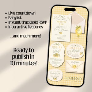 Lemon Baby Shower Website Invitation with Online RSVP, Countdown, Registry Diaper Raffle (Digital Canva Template)