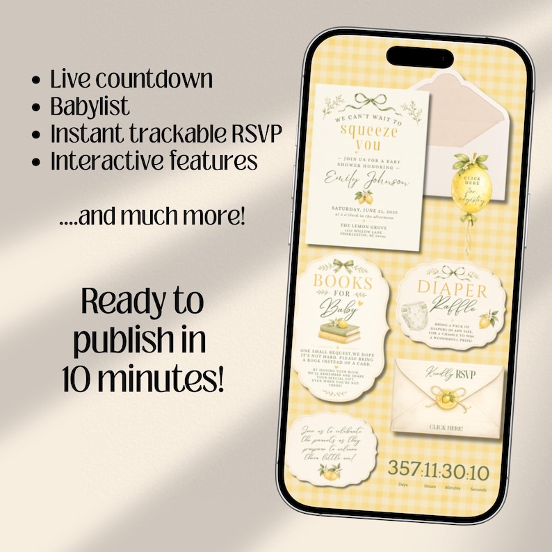 Lemon Baby Shower Website Invitation with Online RSVP, Countdown, Registry Diaper Raffle (Digital Canva Template)