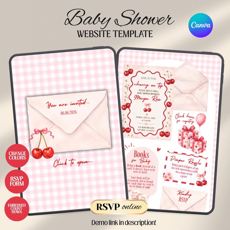 Cherry on Top Baby Shower Website Invitation with online RSVP Countdown Music (Digital Canva Template)
