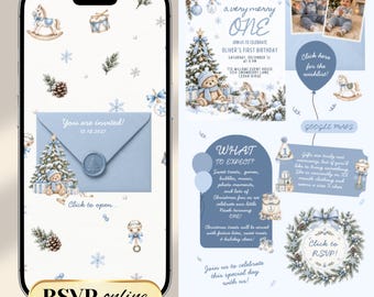 Christmas Very Merry One Boy 1st Birthday Digital Website Invitation with Online RSVP Tracker | Canva Template