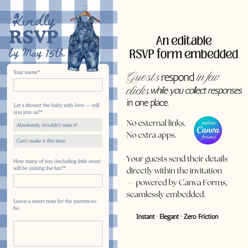 Blue Jean Baby Shower Digital Website Invitation, Trackable RSVP (Digital Canva Template)