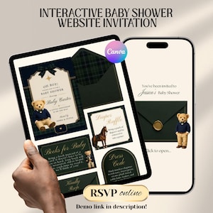 Interactive Preppy Teddy Baby Shower Web Invitation Online RSVP & Countdown | Digital Download Canva Template