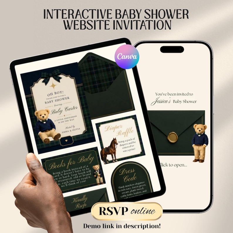 Interactive Preppy Teddy Baby Shower Web Invitation Online RSVP & Countdown | Digital Download Canva Template