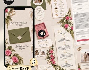 Green Pink Floral Animated Digital Wedding Invitation Website Online RSVP, Music (Canva Template)