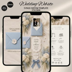 Dusty Blue Ivory Floral Old Money Digital Wedding Invitation Website: RSVP, Countdown Digital Download Canva Template