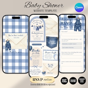 Blue Jean Baby Shower Digital Website Invitation, Trackable RSVP (Digital Canva Template)