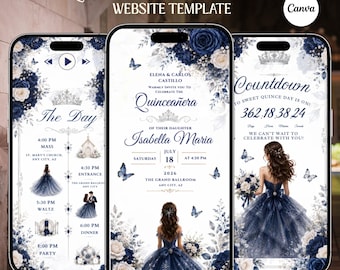 Quinceaňera Digitale Einladungswebsite mit Online-RSVP Countdown-Musik (Canva Template) Navy Blue