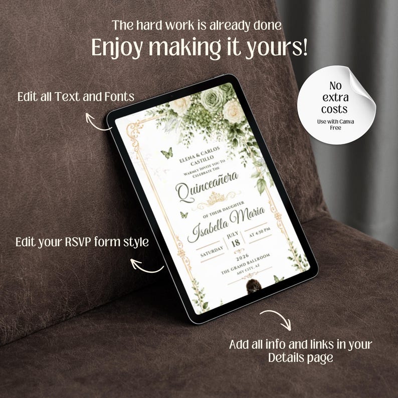Quinceañera Digital Invitation Website with Online RSVP Countdown Music (Canva Template) Sage Green