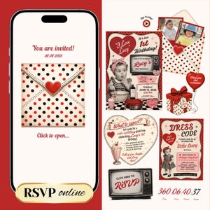 May include: A smartphone screen shows a vintage-style invitation for a first birthday celebration. The design includes a polka-dot envelope with a heart, a retro television, a gift box, and the words "RSVP online."