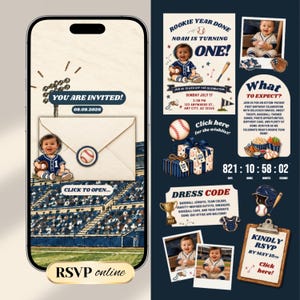 Könnte beinhalten: Eine digitale Einladung zum ersten Geburtstag im Baseball-Design auf einem Smartphone-Bildschirm und ein passendes Layout für Veranstaltungsdetails. Das Design zeigt ein Baby in Baseball-Uniform, Stadiongrafiken, Text wie "Rookie Year Done", "Noah is turning one" und "RSVP online" sowie Geschenkboxen, einen Pokal und Fotorahmen.