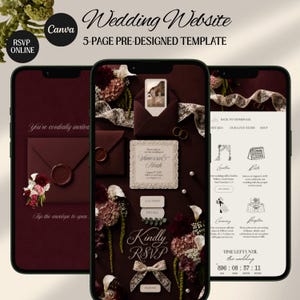 May include: A 5-page wedding website template for Canva displayed on three smartphones. The screens show a deep burgundy theme with floral accents, wax-sealed envelopes, lace ribbons, and text including "Wedding Website," "Kindly RSVP," and "Time left until the wedding."