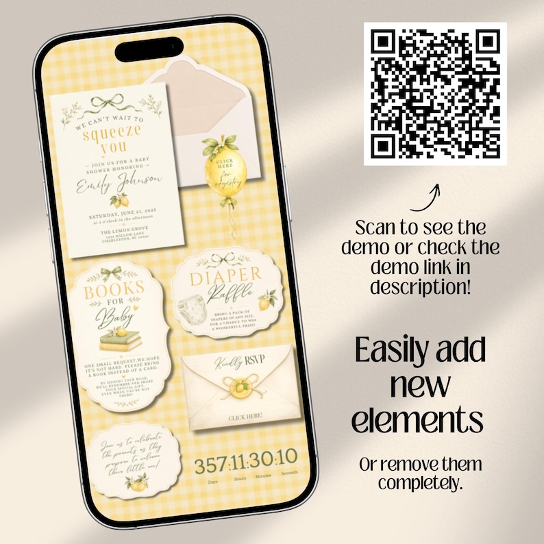 Lemon Baby Shower Website Invitation with Online RSVP, Countdown, Registry Diaper Raffle (Digital Canva Template)