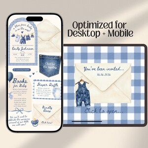 Blue Jean Baby Shower Digital Website Invitation, Trackable RSVP (Digital Canva Template)