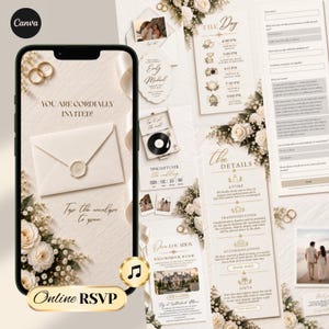 Puede incluir: Un conjunto de invitaciones de boda digitales en una pantalla de smartphone y tarjetas impresas, con papel color crema, texto dorado, detalles florales, un sobre con sello de cera y un botón de RSVP en línea con icono de nota musical.