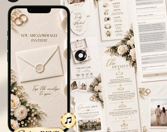 Ivory Digital Wedding Invitation Website Online RSVP, Music (Canva Template)