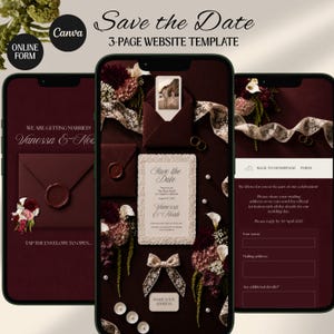 Burgundy Floral Old Money Digital Wedding Save the Date Website: Online Form, Digital Download Canva Template