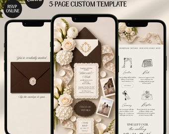 Espresso Brown Ivory Floral Digital Wedding Invitation Website Template: Old Money Style (Digital Download)