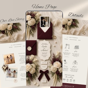 Burgundy Ivory Floral Old Money Digital Wedding Invitation Website: Online RSVP, Countdown, Digital Download Canva Template