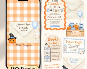 Little Pumpkin Fall Digital Boy Baby Shower Animated Web Invitation Halloween Online RSVP (Canva Template)