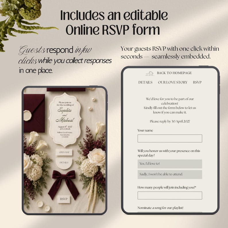 Burgundy Ivory Floral Old Money Digital Wedding Invitation Website: Online RSVP, Countdown, Digital Download Canva Template