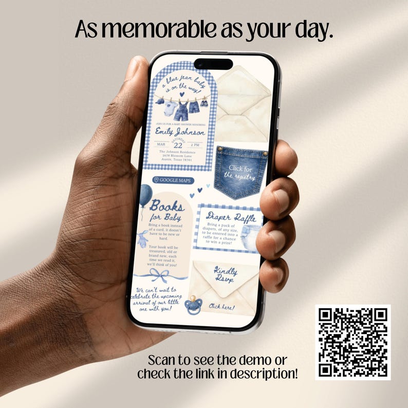 Blue Jean Baby Shower Digital Website Invitation, Trackable RSVP (Digital Canva Template)