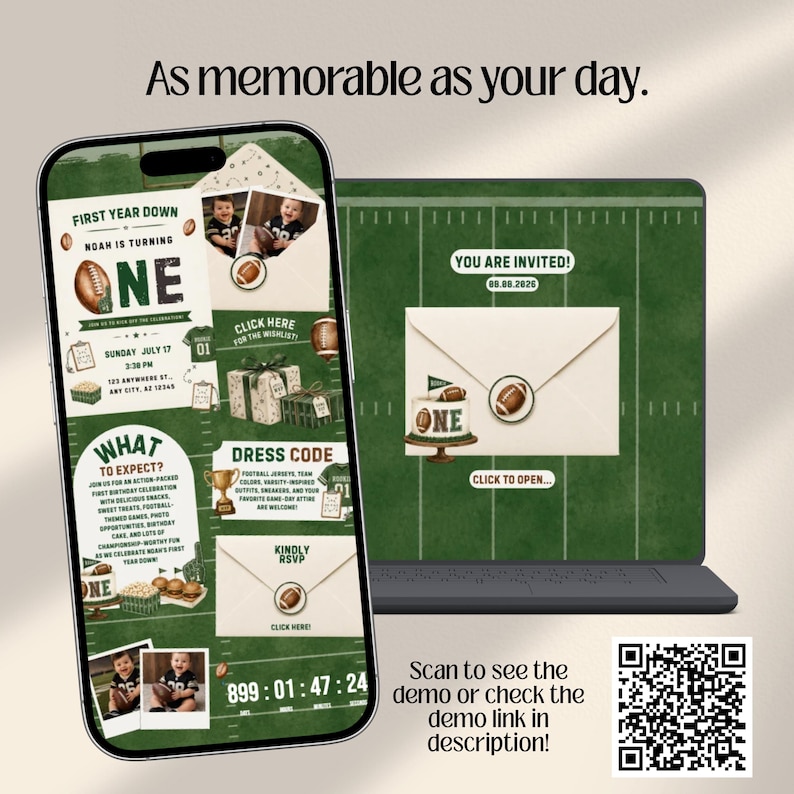 Football 1st Birthday Web Invitation with RSVP and Countdown | First Year Down,  Digital Download Canva Template