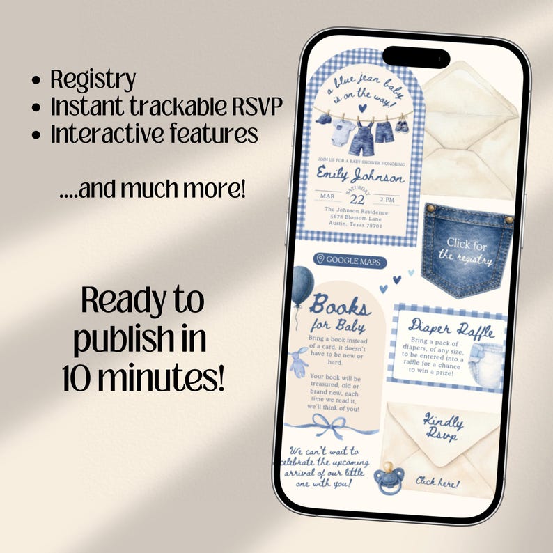 Blue Jean Baby Shower Digital Website Invitation, Trackable RSVP (Digital Canva Template)