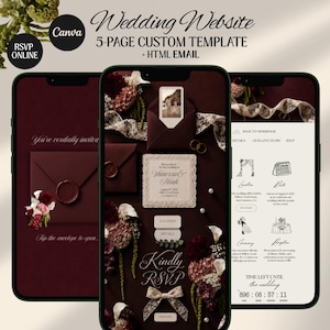 Burgundy Old Money Floral Digital Wedding Invitation Website: Online RSVP, Countdown (Digital Canva Template)