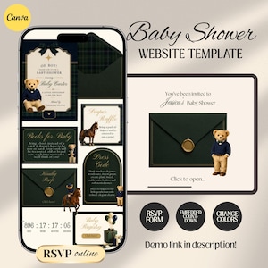 Interactive Preppy Teddy Baby Shower Web Invitation Online RSVP & Countdown | Digital Download Canva Template