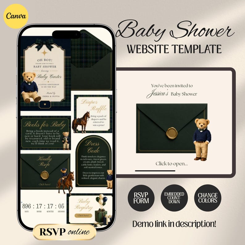 Interactive Preppy Teddy Baby Shower Web Invitation Online RSVP & Countdown | Digital Download Canva Template