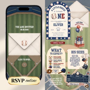 Puede incluir: Una plantilla de invitación de cumpleaños digital con temática de béisbol. El diseño incluye una pantalla de smartphone que muestra un sobre con un sello de béisbol y un diseño detallado con texto, marcador, cajas de regalo y equipo de béisbol.