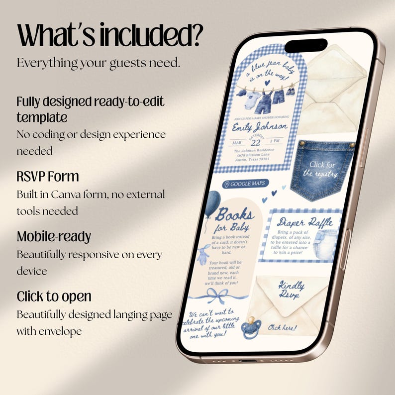 Blue Jean Baby Shower Digital Website Invitation, Trackable RSVP (Digital Canva Template)