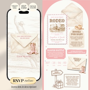 Not Our First Rodeo Girl Western Baby Shower Website Invite, Trackable RSVP, Countdown (Digital Download Canva Template)